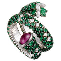 Stefan Hafner Full Diamond and Emerald, Pink Sapphire Cabochon White Gold Ring