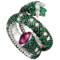 Stefan Hafner Full Diamond and Emerald, Pink Sapphire Cabochon White Gold Ring