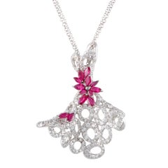 Stefan Hafner Full Diamond and Ruby Flowers White Gold Pendant Necklace