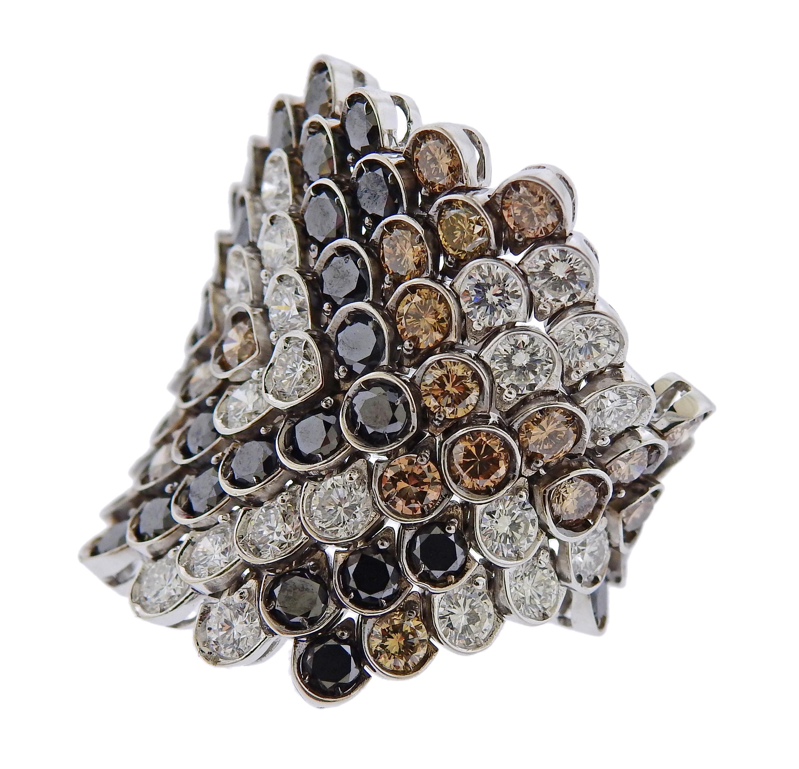 18k gold ring by Stefan Hafner, set with black, fancy brown and white diamonds - approx. 4.00ctw total. Ring size -  8, ring top is 28mm wide. Marked SH mark, 750. Weight is 14.4 grams.