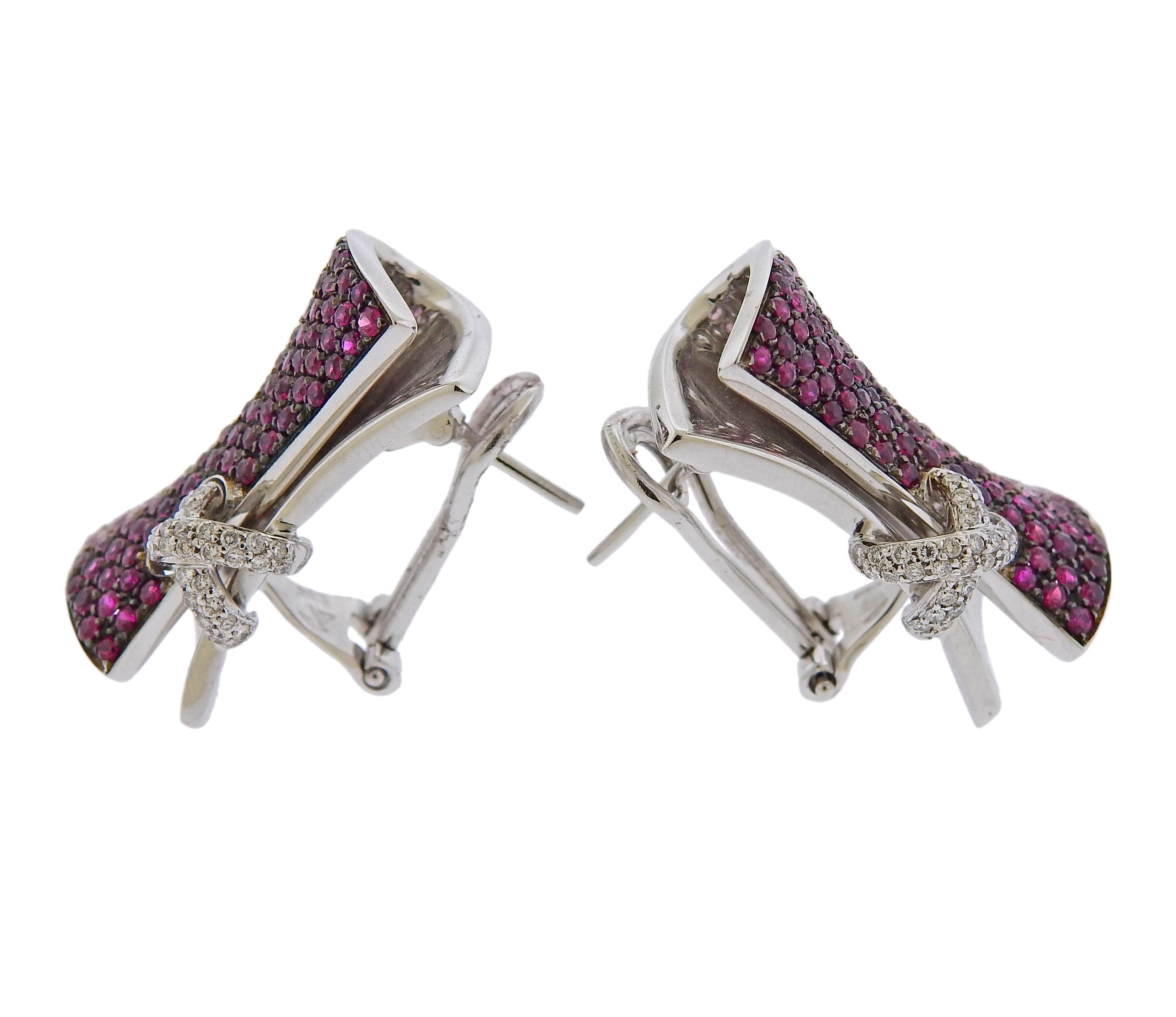 Pair of 18k white gold corset earrings by Stefan Hafner, set with multi color sapphires and approx. 0.95ctw in G/VS diamonds. Earrings are 25mm x 15mm. Weight is 20 grams. Marked SH triangle mark, 750, Italian mark.