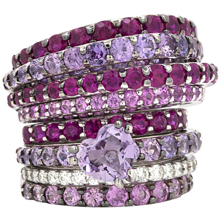 Stefan Hafner Pink Sapphire, Ruby and Diamond Stacking Ring For Sale at