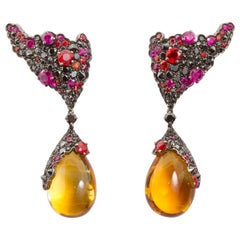 Stefan Hafner Ruby Sapphire Gemstone Large Citrine Cabochon Drop Earrings