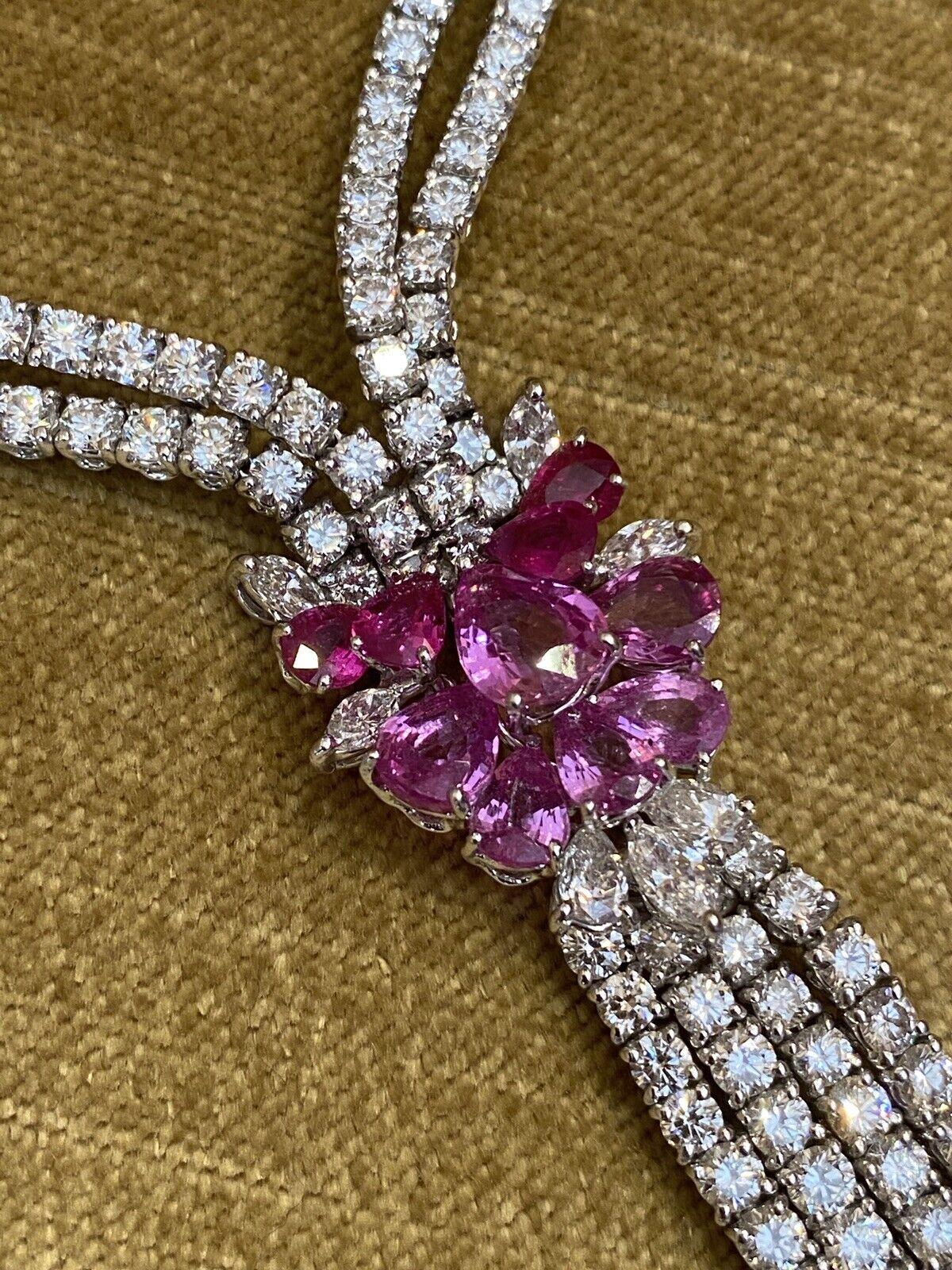 Stefan Hafner Y Diamond Necklace with Pink Sapphires in 18k White Gold In Excellent Condition For Sale In La Jolla, CA