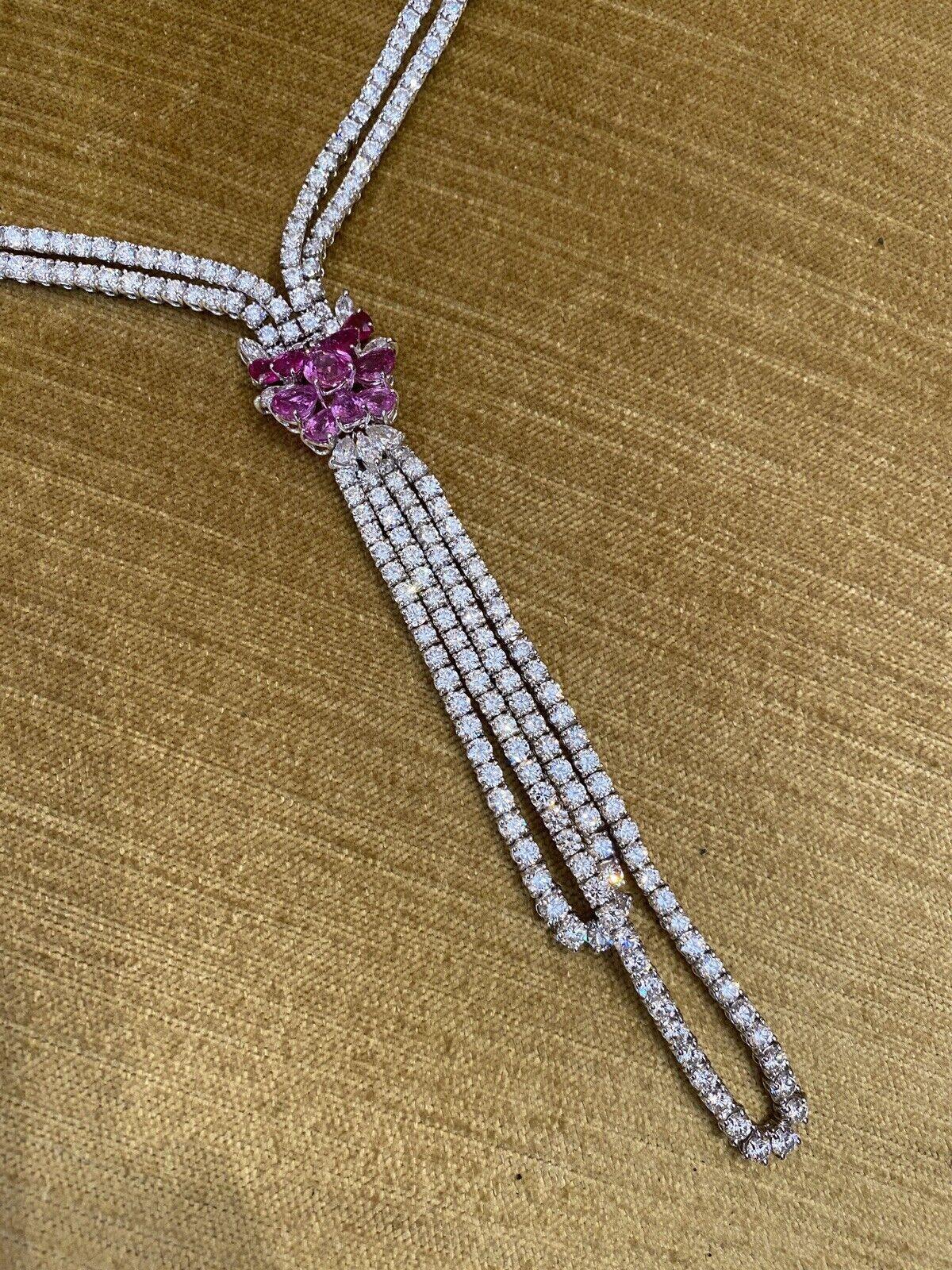Women's Stefan Hafner Y Diamond Necklace with Pink Sapphires in 18k White Gold For Sale