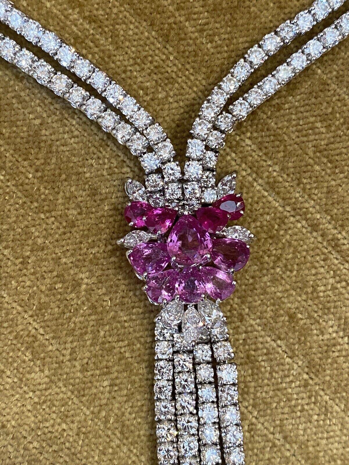 Stefan Hafner Y Diamond Necklace with Pink Sapphires in 18k White Gold For Sale 1