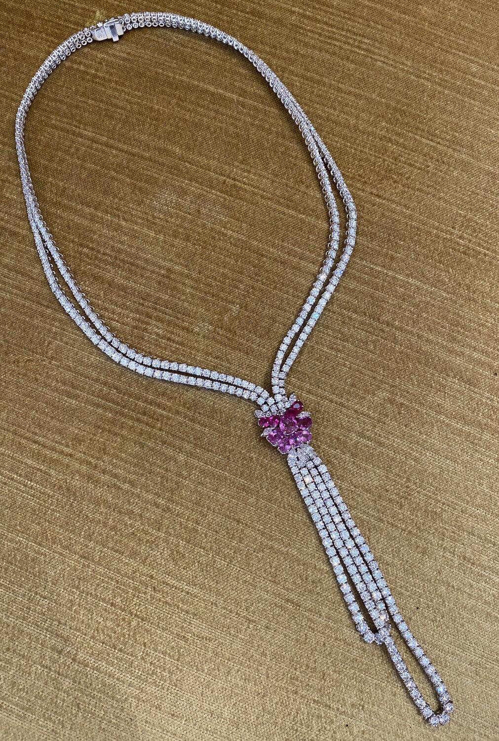 Stefan Hafner Y Diamond Necklace with Pink Sapphires in 18k White Gold For Sale 2