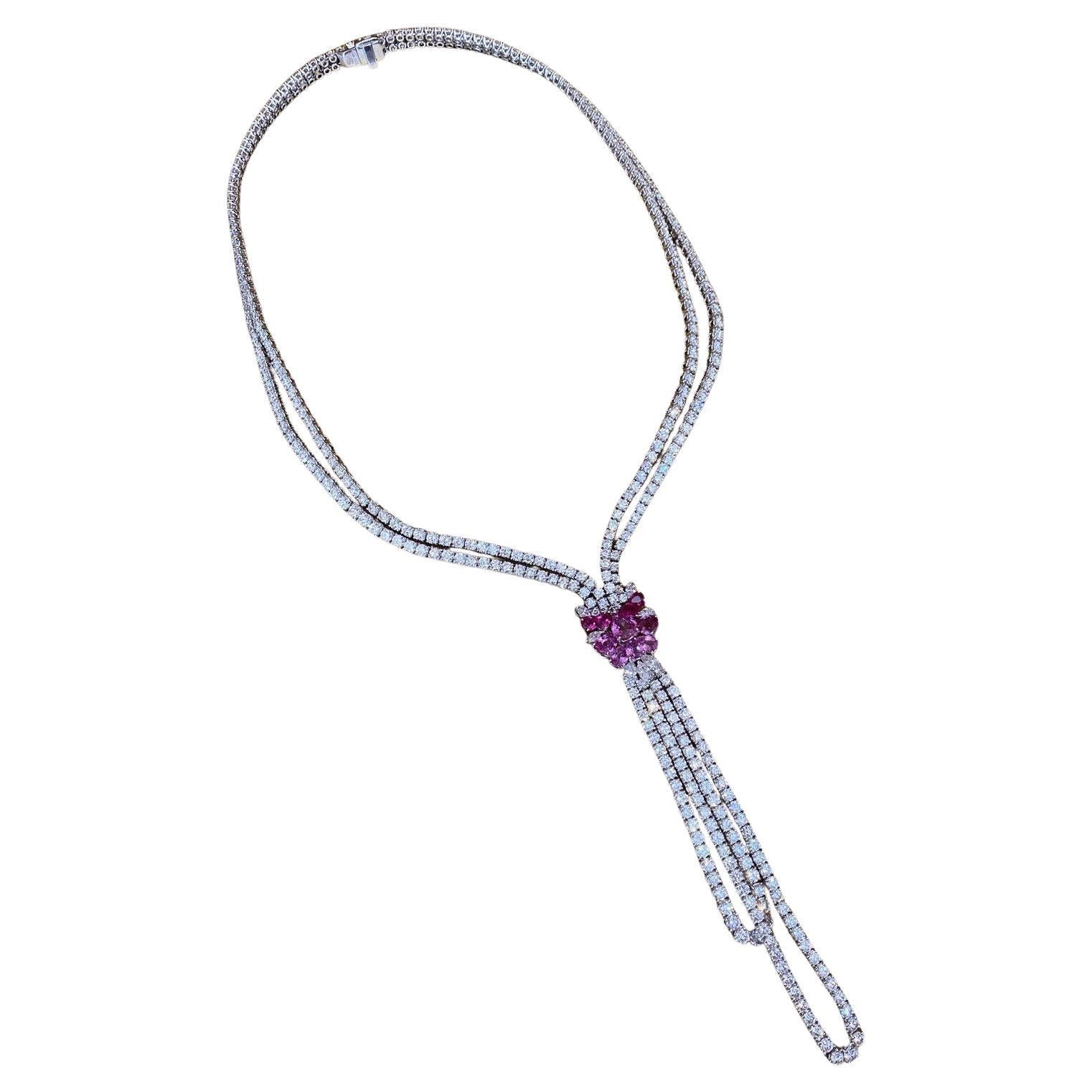 Stefan Hafner Y Diamond Necklace with Pink Sapphires in 18k White Gold For Sale