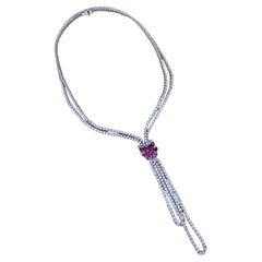 Vintage Stefan Hafner Y Diamond Necklace with Pink Sapphires in 18k White Gold
