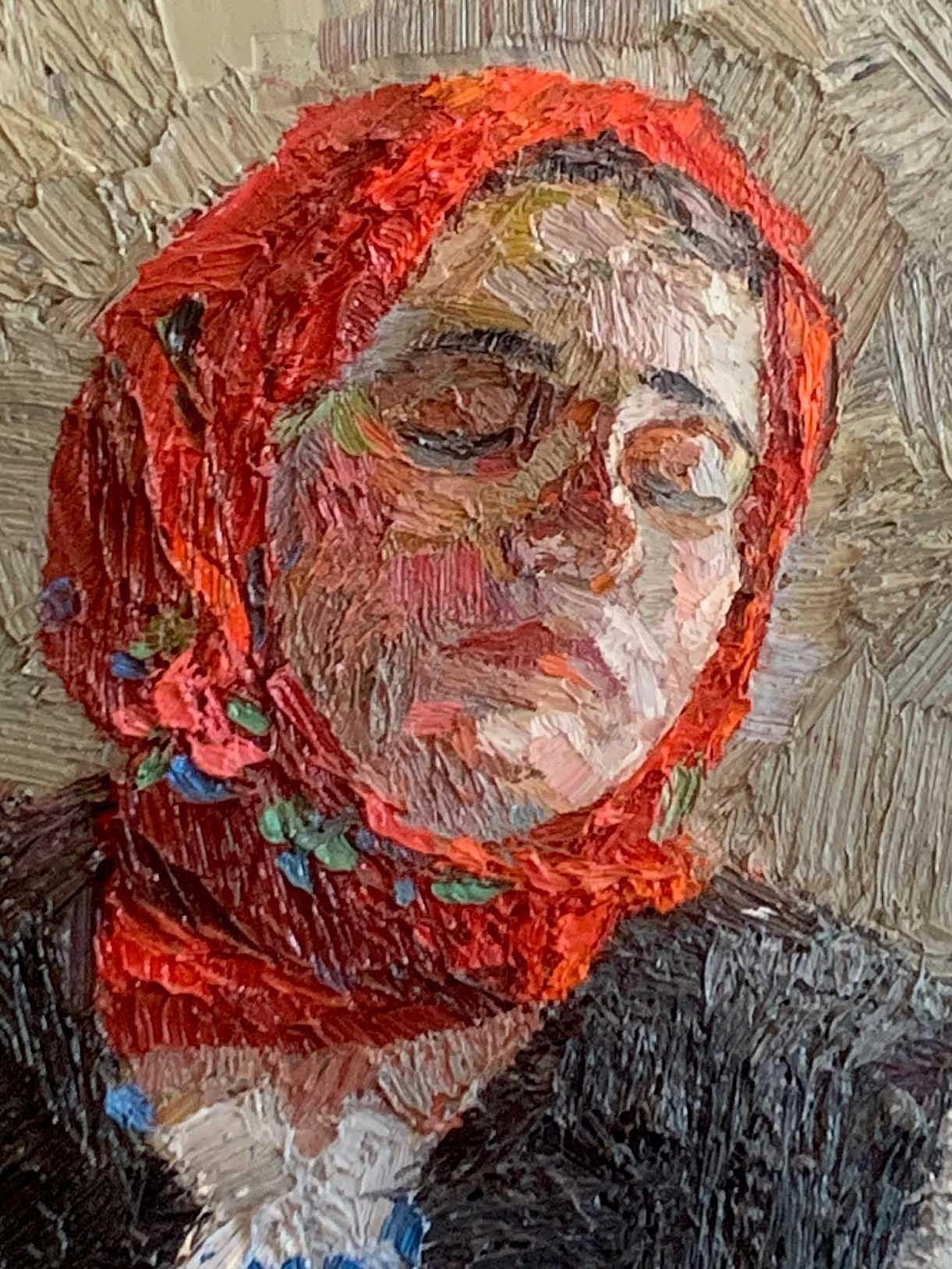 Girl in Red Kerchief - Painting by Stefan Mocanu