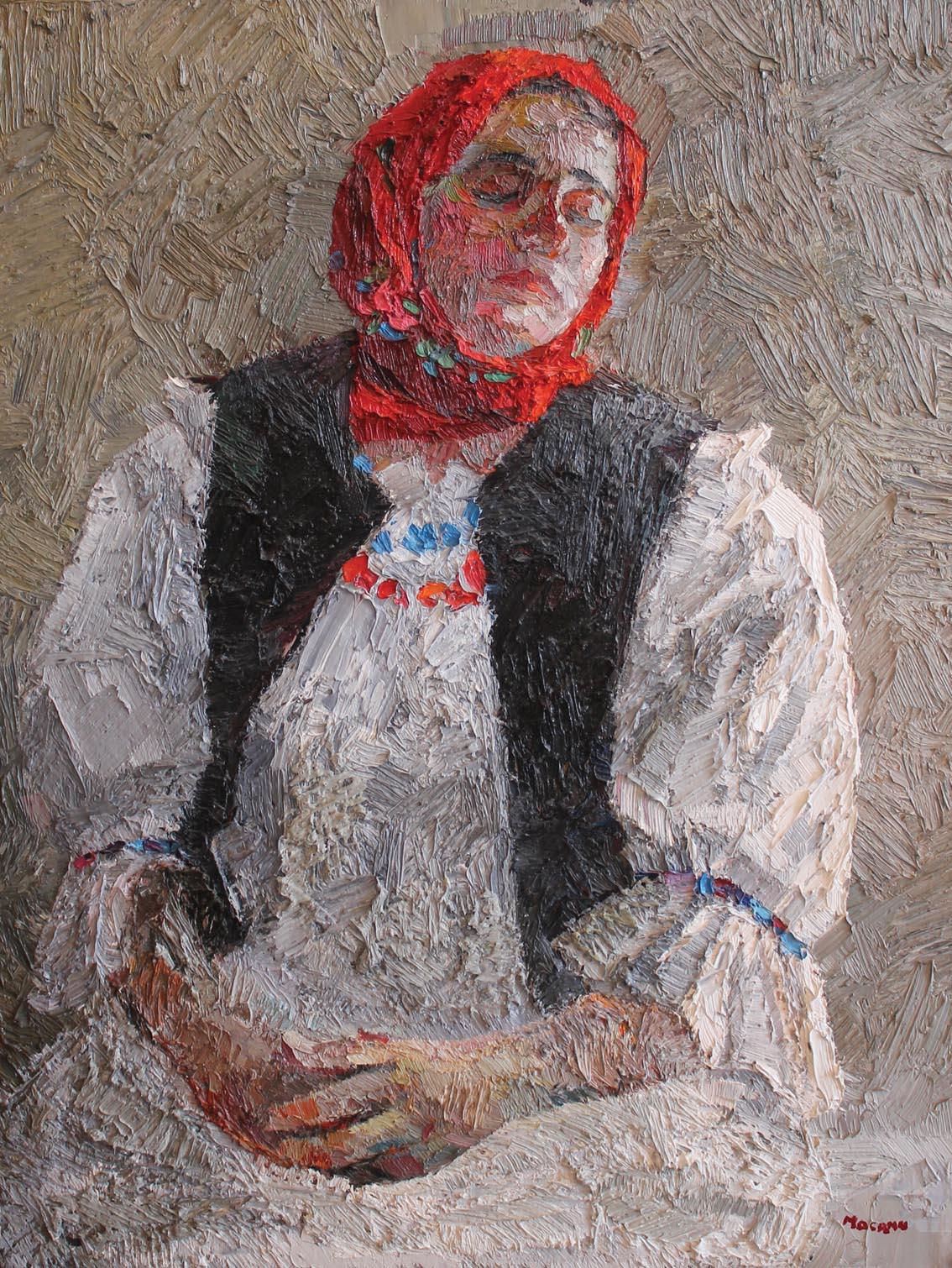 Stefan Mocanu Figurative Painting - Girl in Red Kerchief