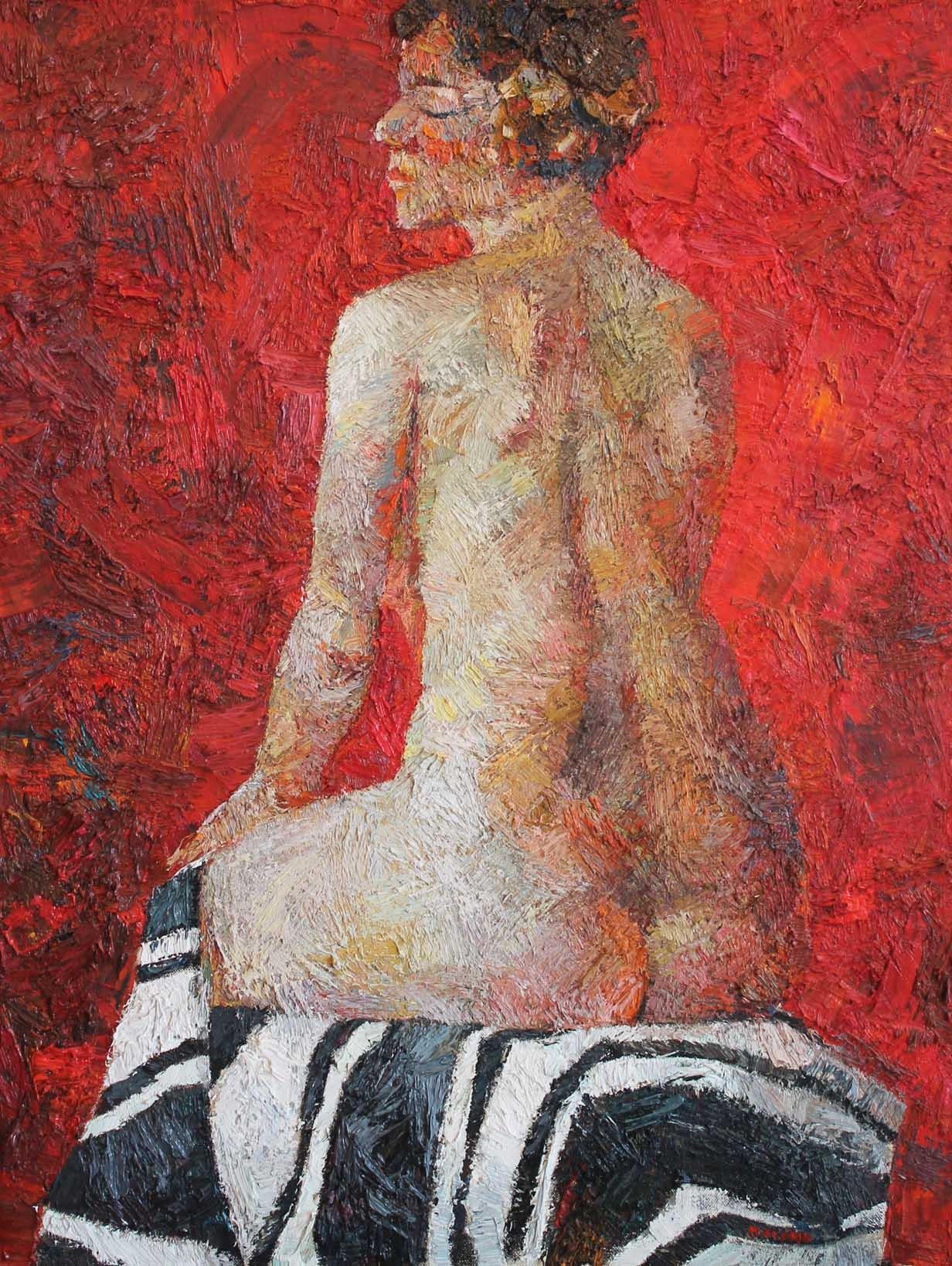 Nude on Red  - Painting by Stefan Mocanu