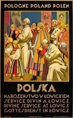 Affiche vintage originale de voyage Polska, Pologne Divine Service At Lowicz Procession