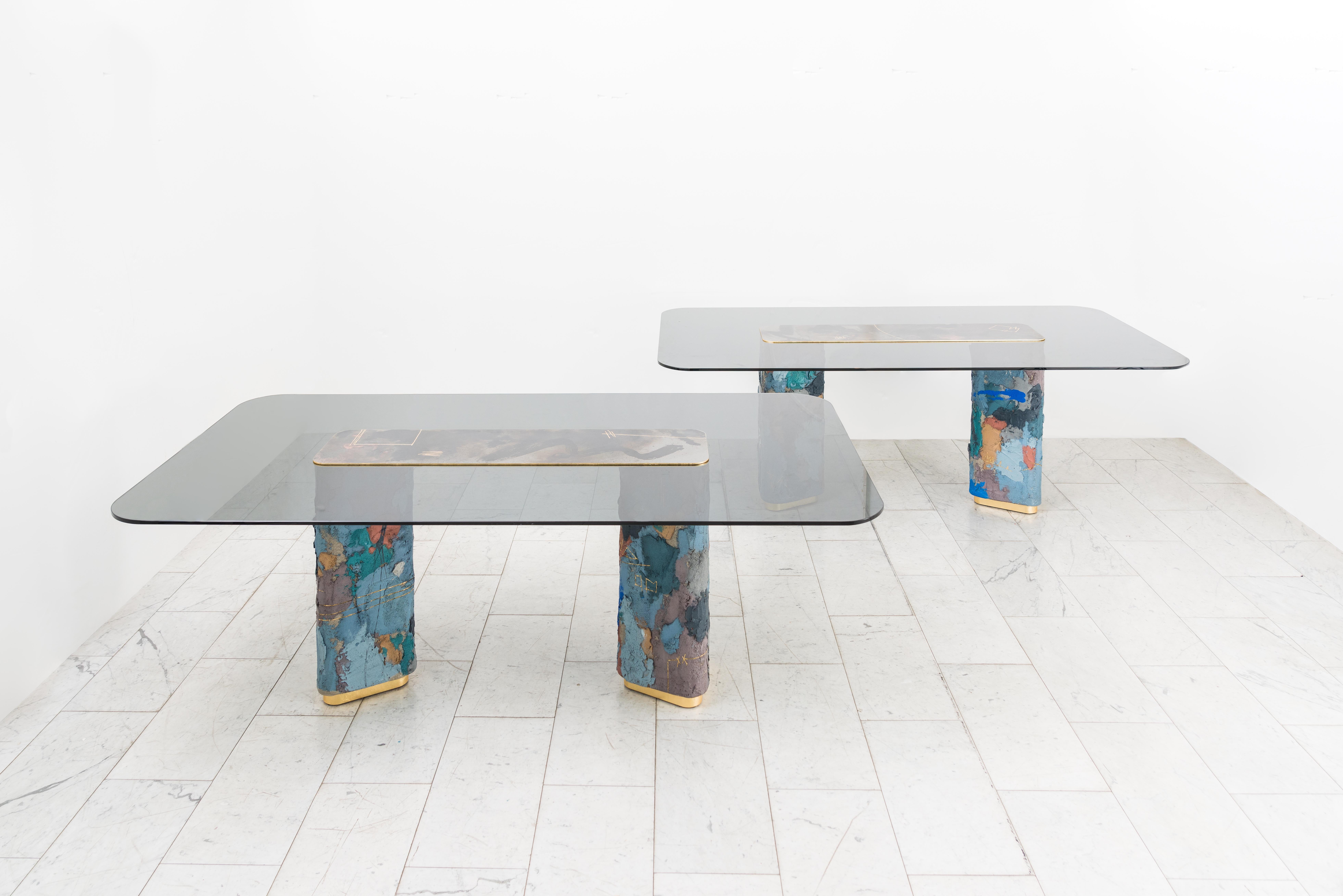 Stefan Rurak’s Concrete steel and glass dining table is available by commission. Custom dimensions and materials can be accommodated for interior or exterior spaces. Each sculptural table base is unique, demonstrating Rurak’s one-of-a-kind,