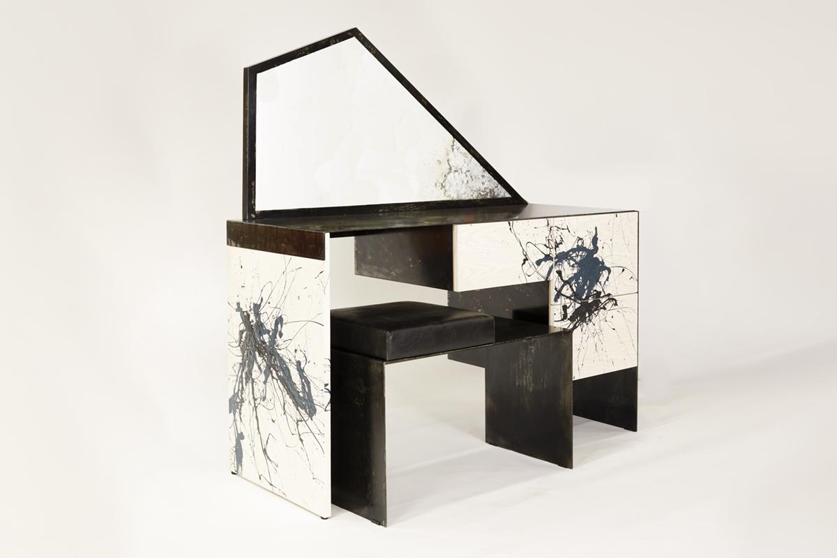 Patinated Stefan Rurak, Trapezoid Mirror Desk / Vanity, USA For Sale