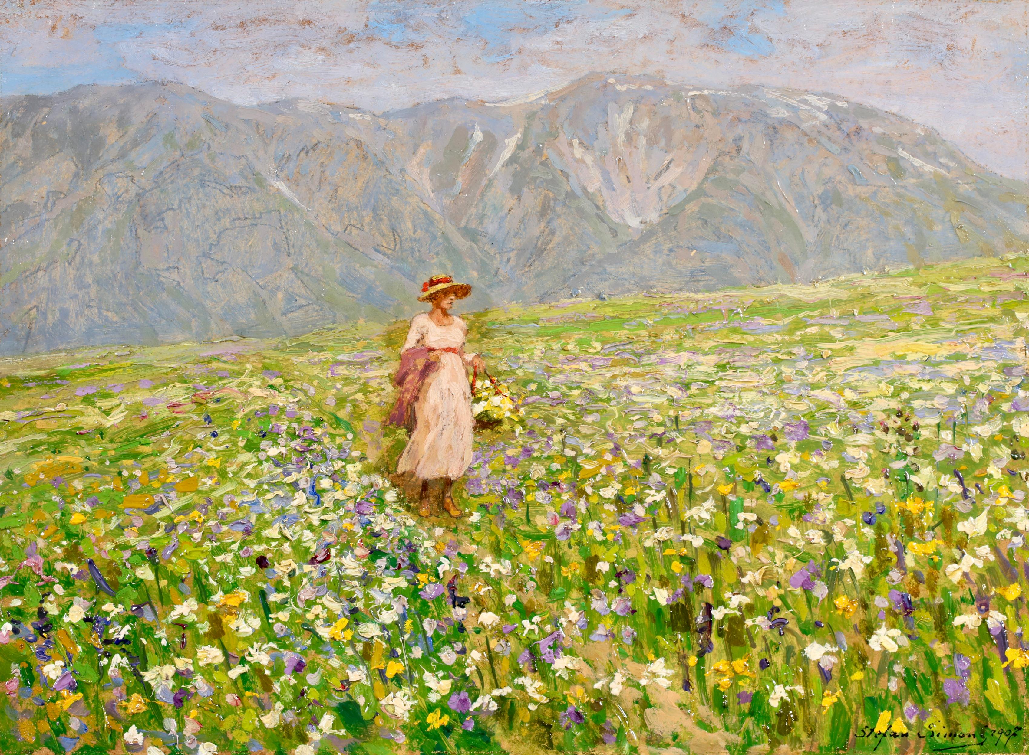 Frühling in Tirol - Postimpressionistische Figur in Öl-Landschaft - Stefan Simony im Angebot 1
