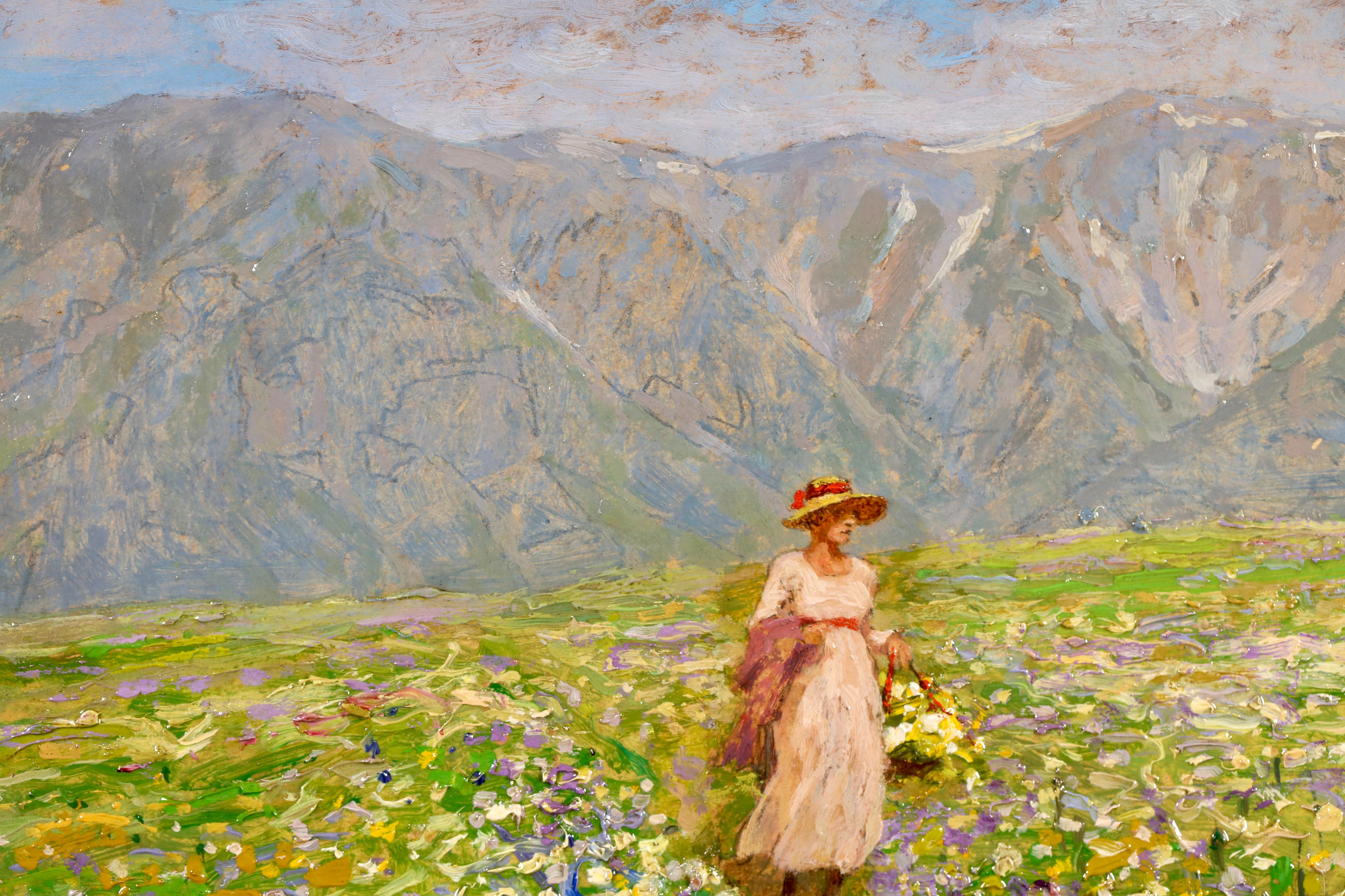 Frühling in Tirol - Postimpressionistische Figur in Öl-Landschaft - Stefan Simony im Angebot 2