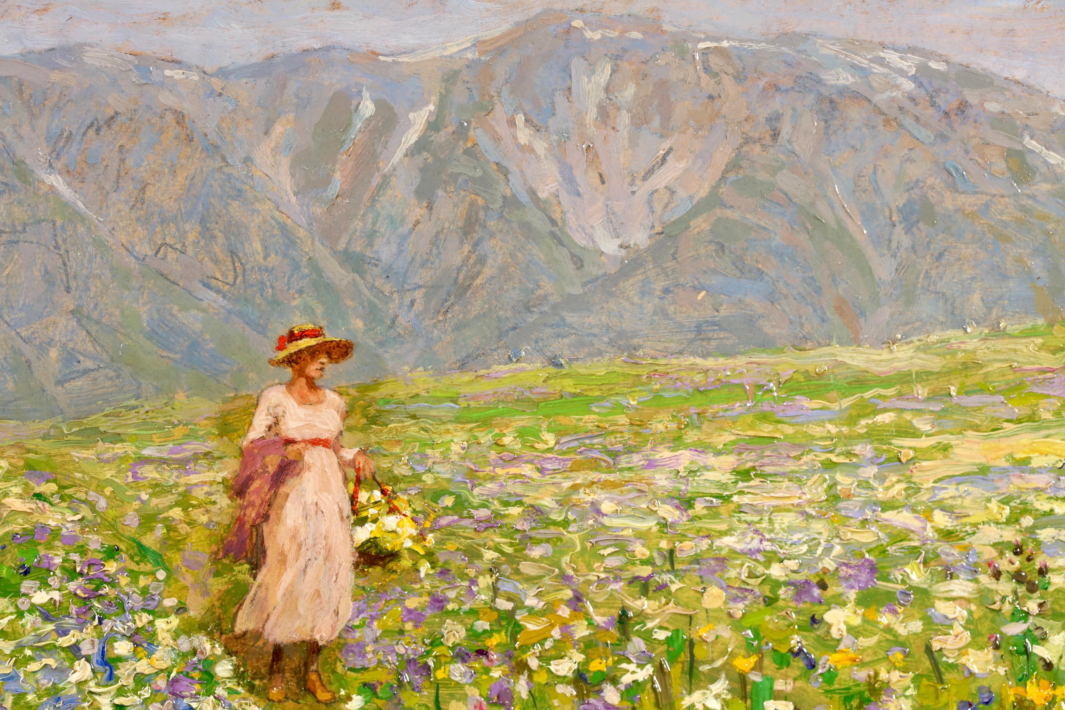 Frühling in Tirol - Postimpressionistische Figur in Öl-Landschaft - Stefan Simony im Angebot 3