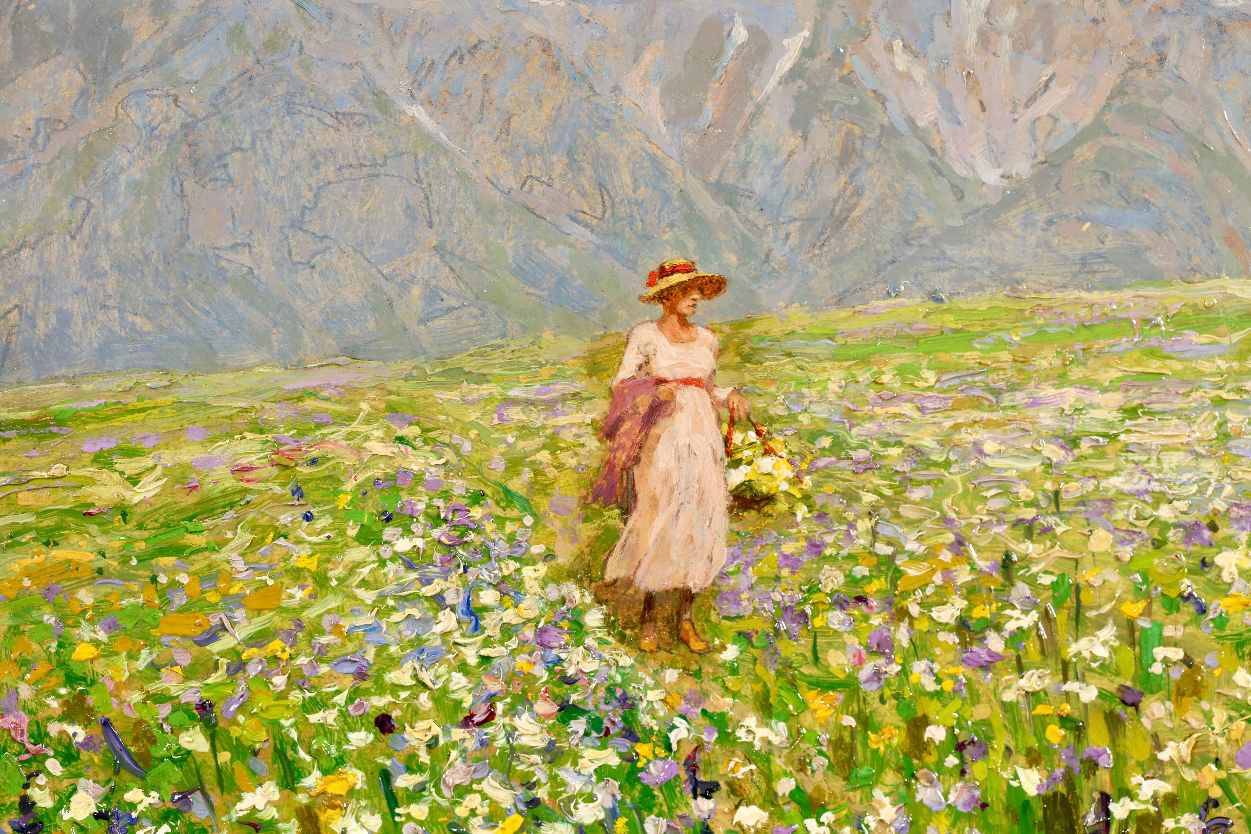 Frühling in Tirol - Postimpressionistische Figur in Öl-Landschaft - Stefan Simony im Angebot 4