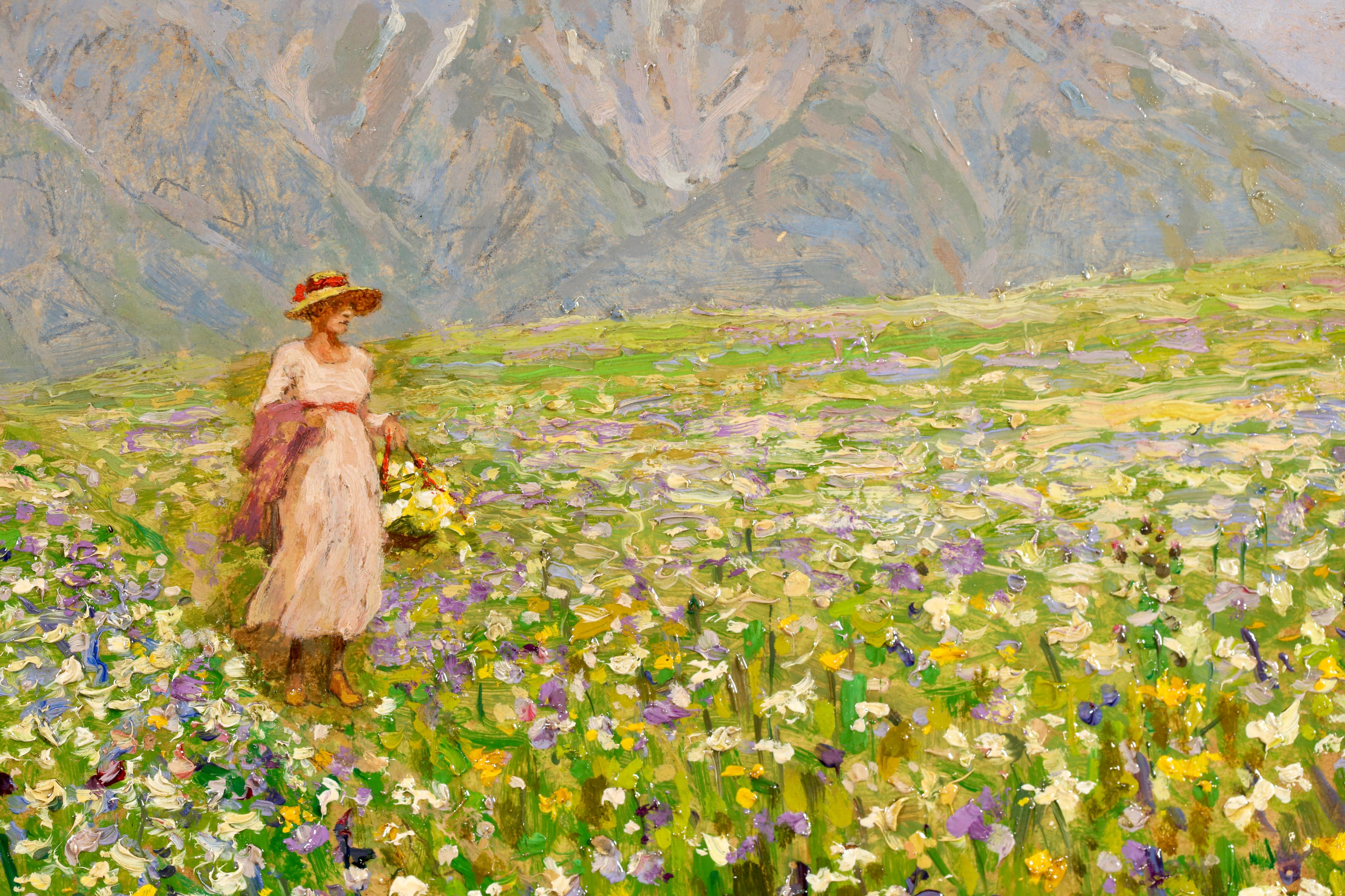Frühling in Tirol - Postimpressionistische Figur in Öl-Landschaft - Stefan Simony im Angebot 5