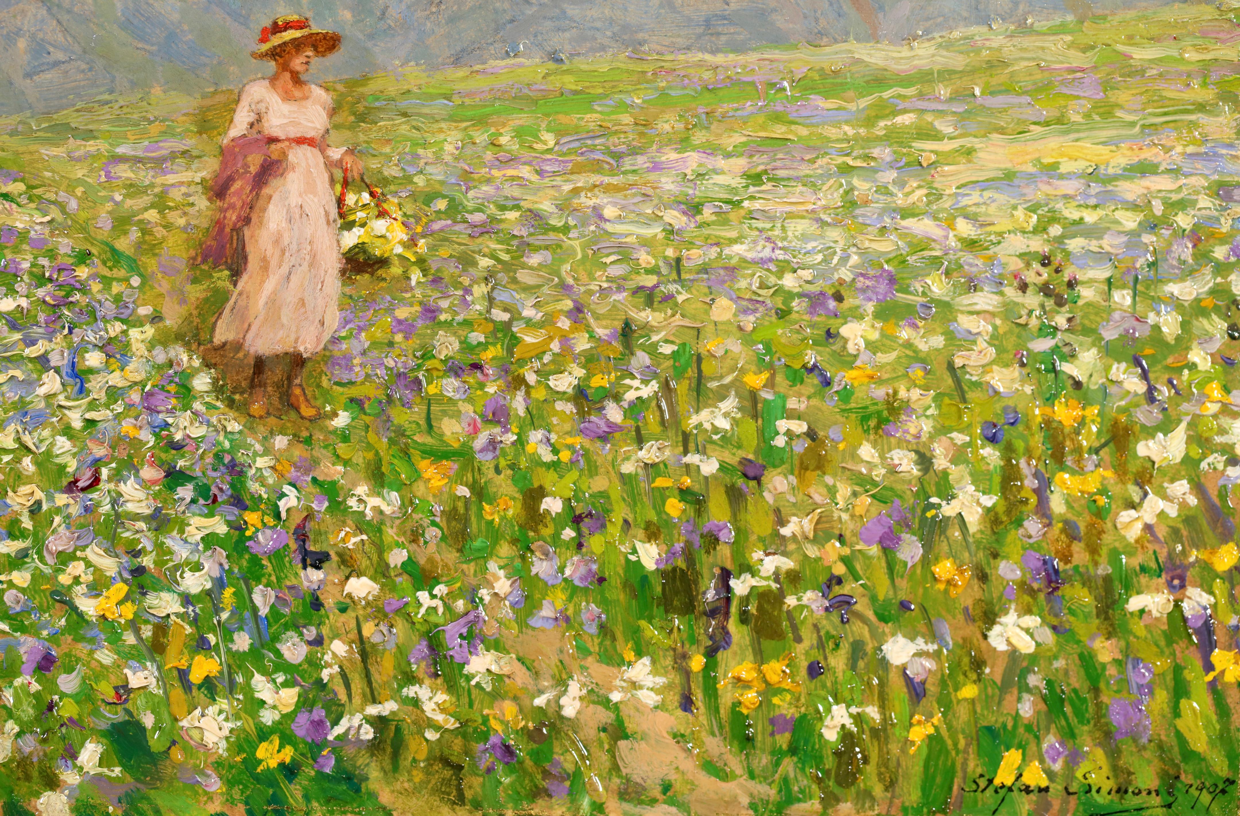 Frühling in Tirol - Postimpressionistische Figur in Öl-Landschaft - Stefan Simony im Angebot 6