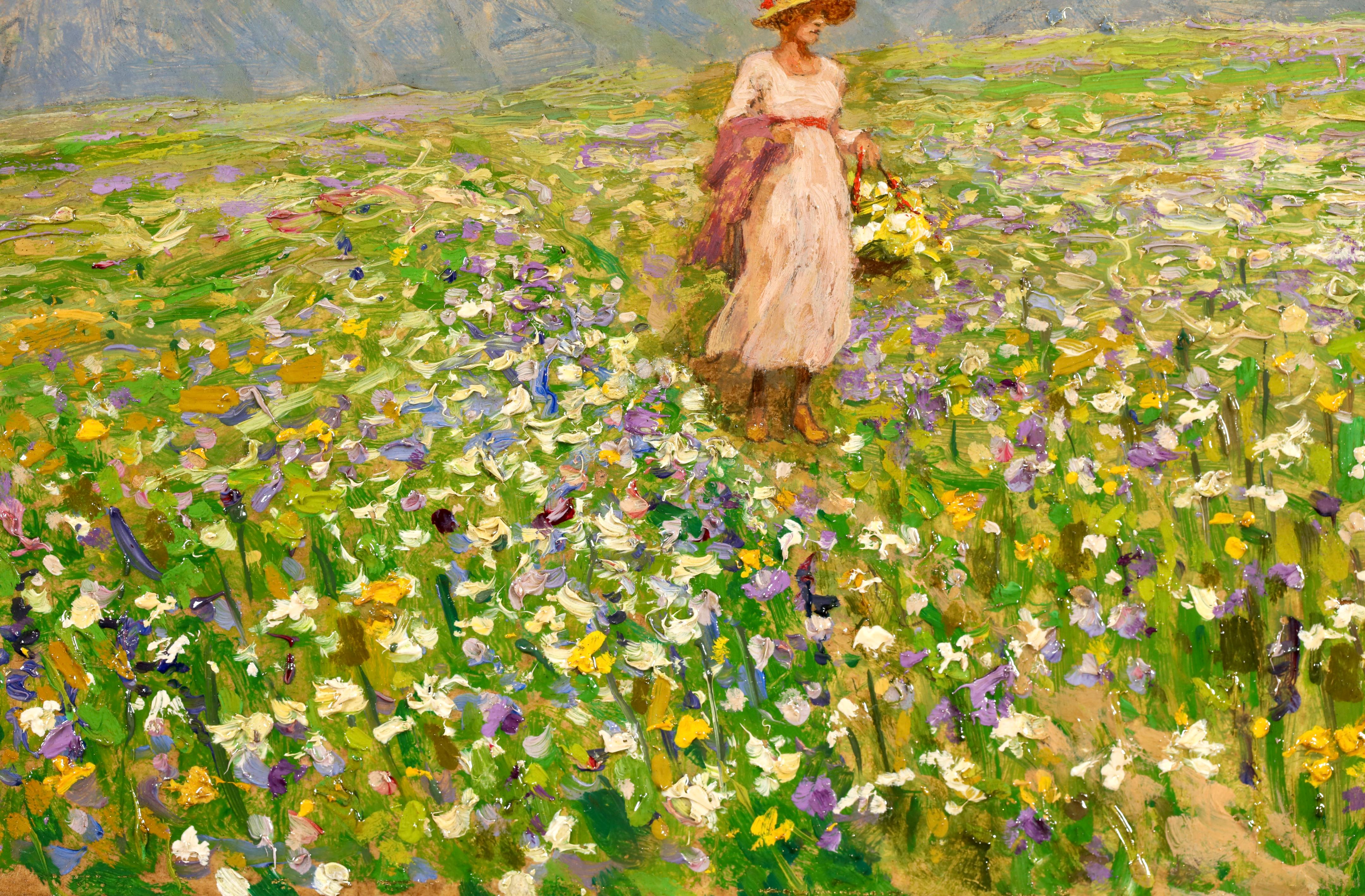 Frühling in Tirol - Postimpressionistische Figur in Öl-Landschaft - Stefan Simony im Angebot 7