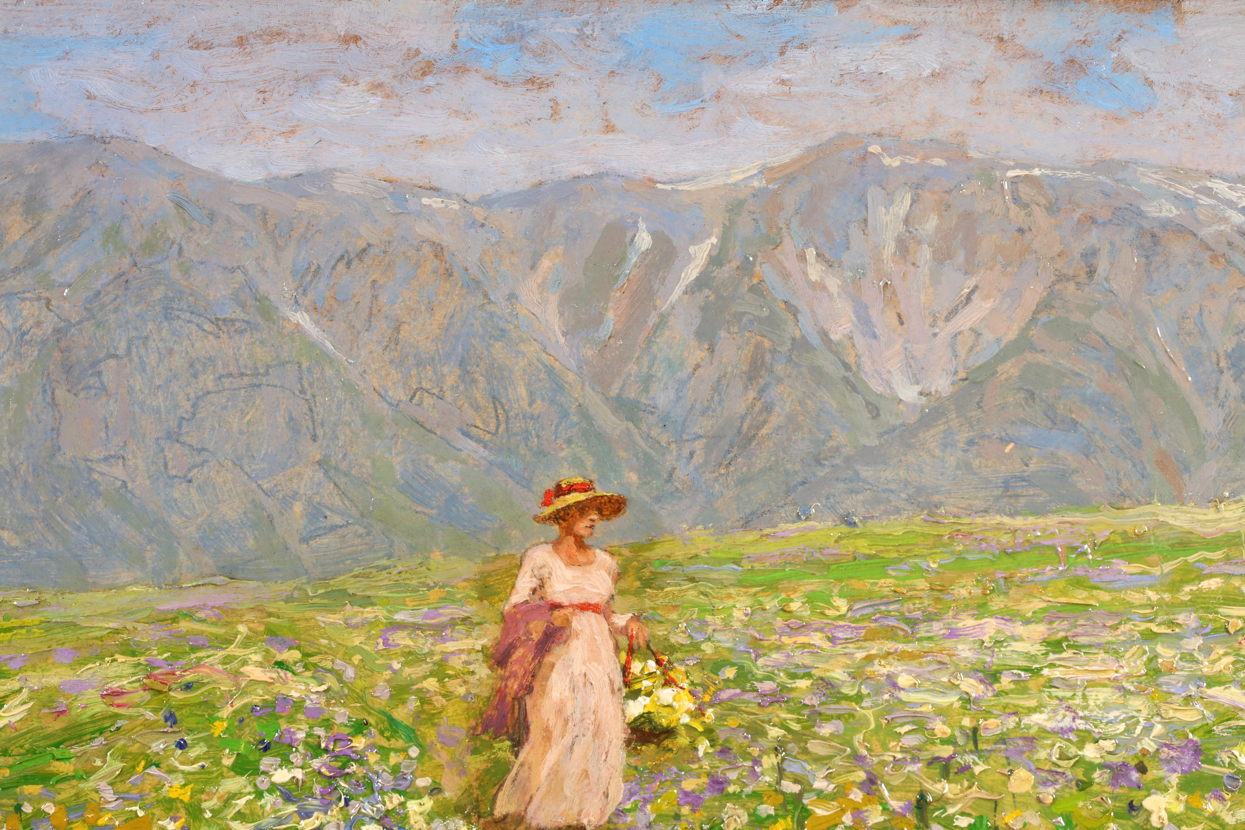 Frühling in Tirol - Postimpressionistische Figur in Öl-Landschaft - Stefan Simony im Angebot 8