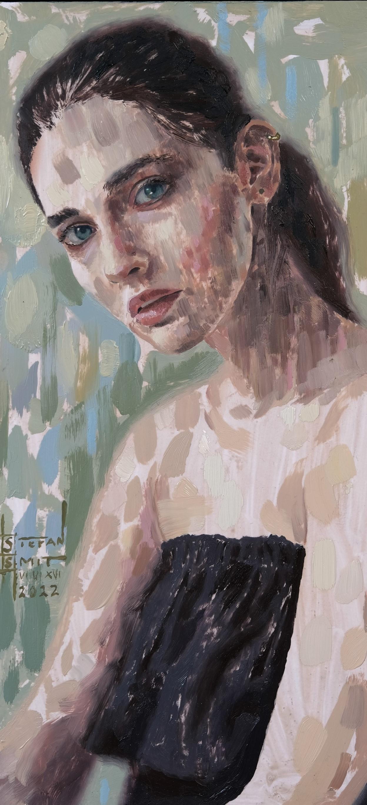"Boundaries" de Stefan Smit (basé en Afrique du Sud) est une huile originale sur panneau représentant le portrait d'un modèle féminin aux cheveux noirs. 

"Stefan Smit est un artiste sud-africain qui expose actuellement au niveau local et