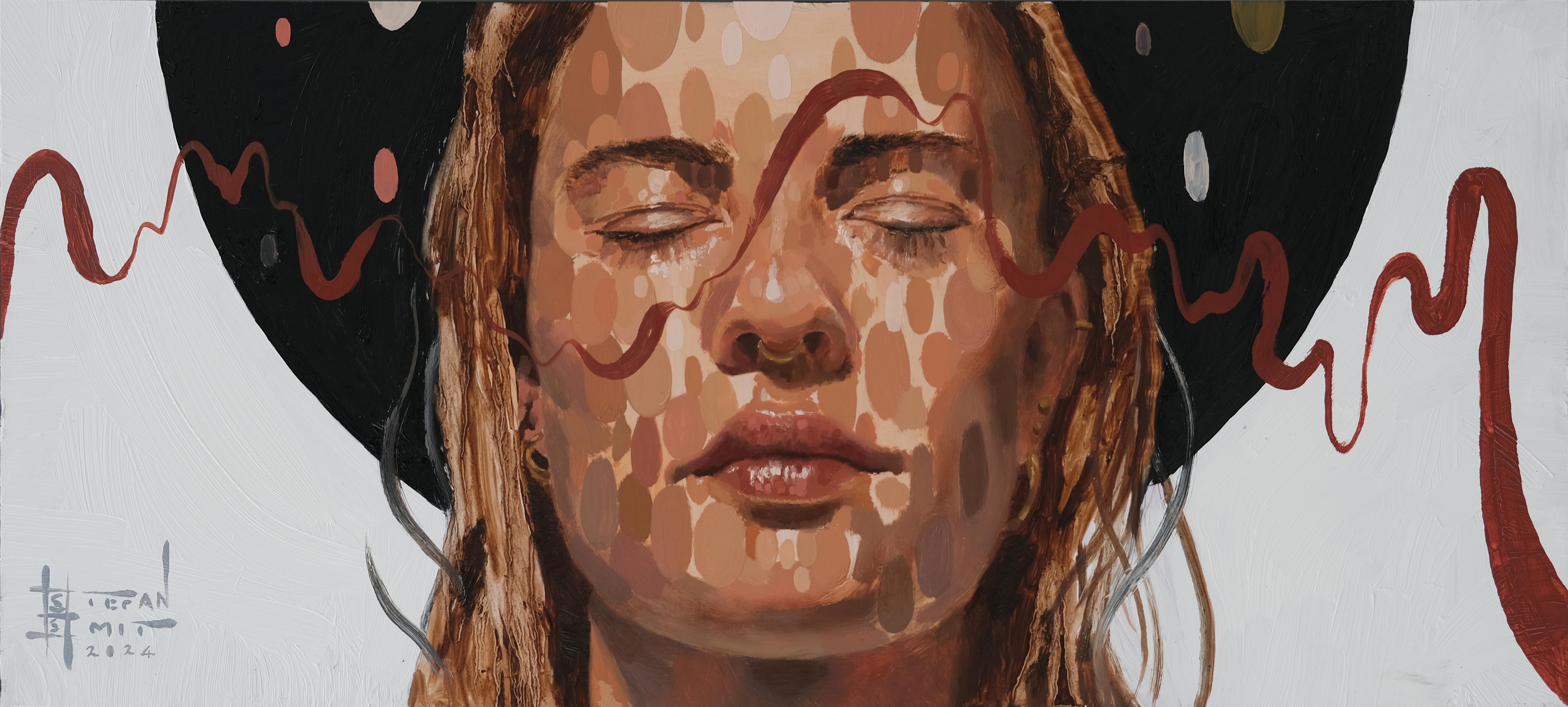 "Common Thread 2" by Stefan Smit (South Africa based) is an original oil on panel depicting a female portrait with ribbons of red weaving through the painting. 

"Stefan Smit is a South African fine artist currently exhibiting locally and