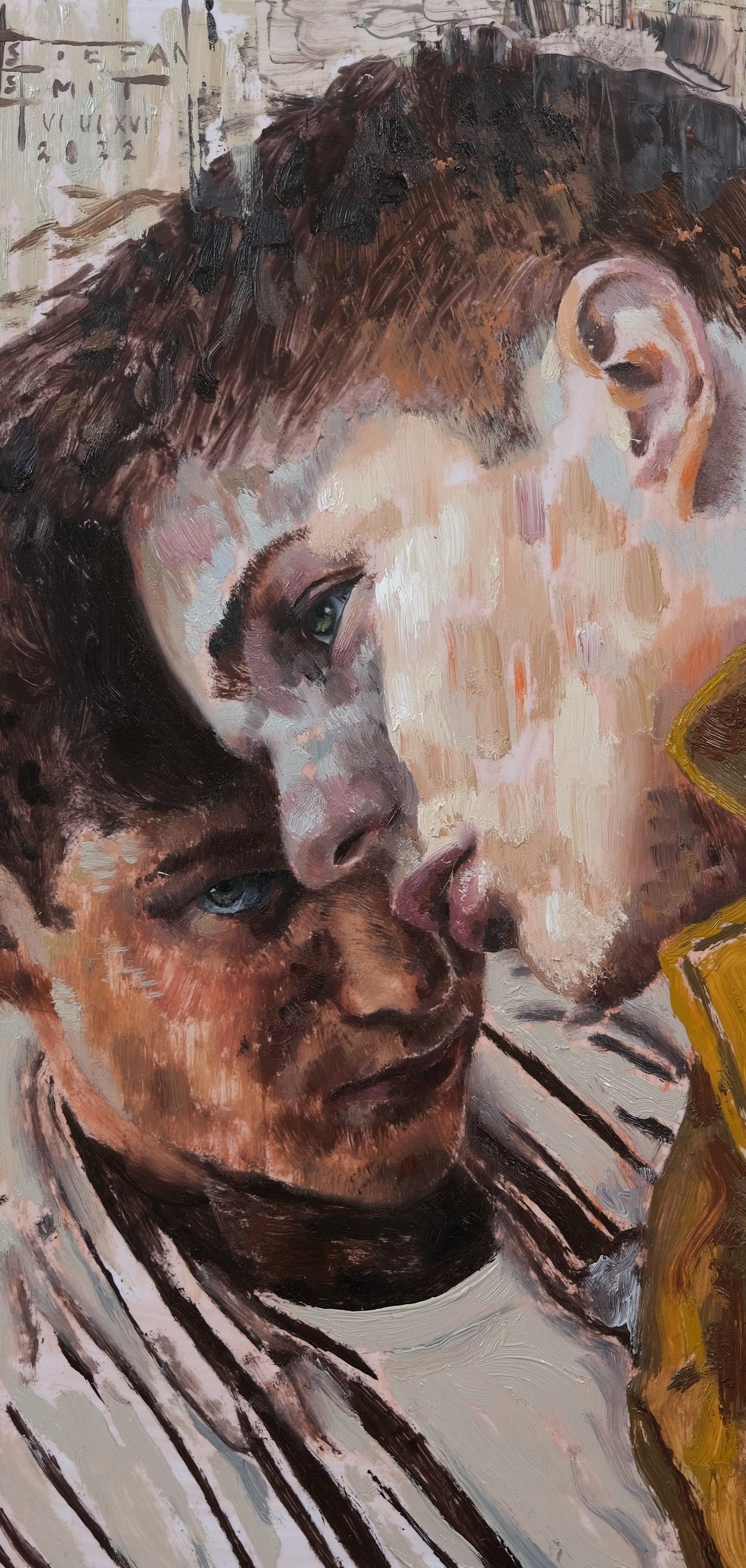 "Me, Myself and I" (Ich, ich und ich) von Stefan Smit (Südafrika) ist ein Original-Ölgemälde, das ein Doppelporträt einer männlichen Figur darstellt.

"Stefan Smit ist ein südafrikanischer bildender Künstler, der derzeit lokal und international mit