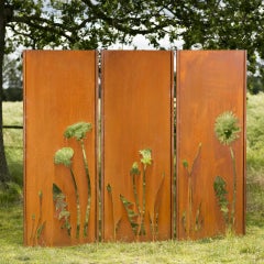 Steel Garden Wall - "Triptych Flowers" - Modern Outdoor Ornament - 225×195 cm
