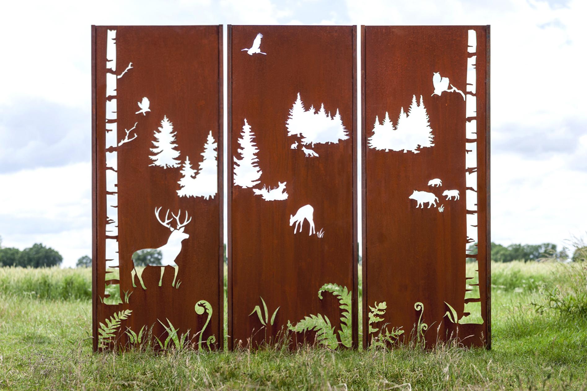 Pared de jardín de acero - "Tríptico Bosque" - Ornamento moderno de exterior - 225×195 cm - Mixed Media Art de Stefan Traloc