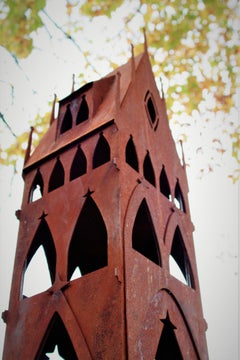 Bird house Outdoor - "City Gate" on a quadratic oxidized oak pedestal