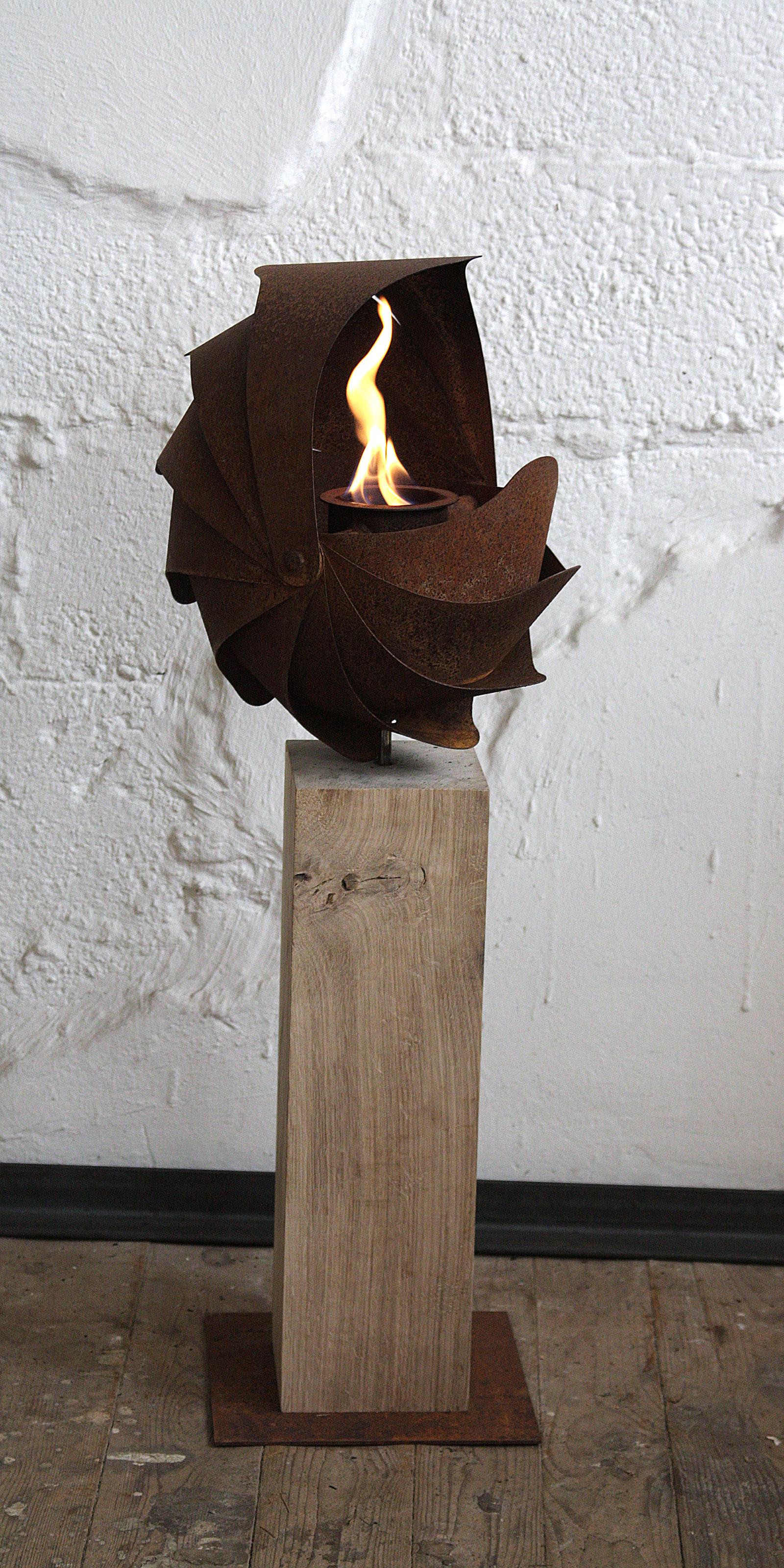 Garden Torch - "Ammon", on oak column - handmade art object - small - Mixed Media Art by Stefan Traloc