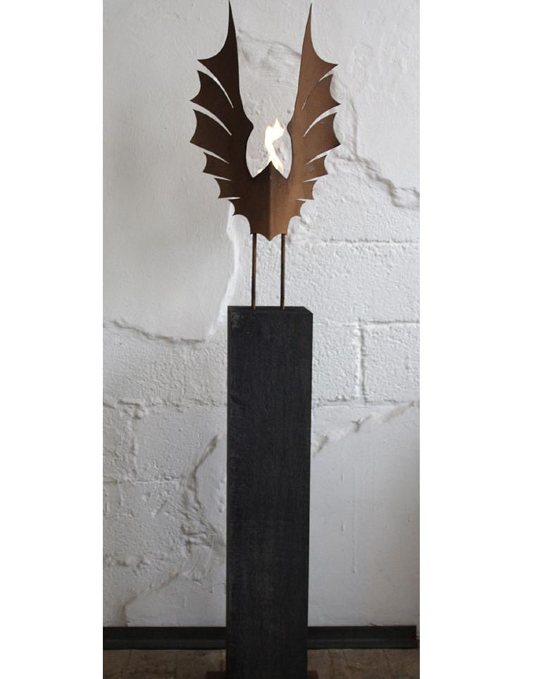 Garden Torch - "Wings" on dark oxidated column - handmade art object - Sculpture by Stefan Traloc