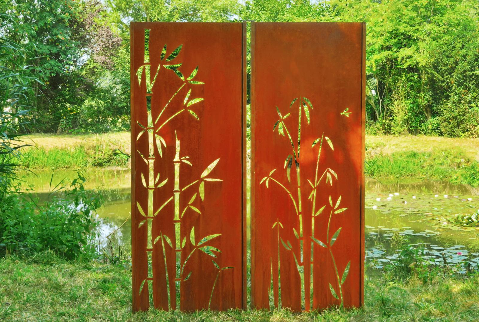 Garden Wall - "Diptych Bamboo" - Steel -  Modern Outdoor Ornament - 150 x 195 cm - Mixed Media Art by Stefan Traloc