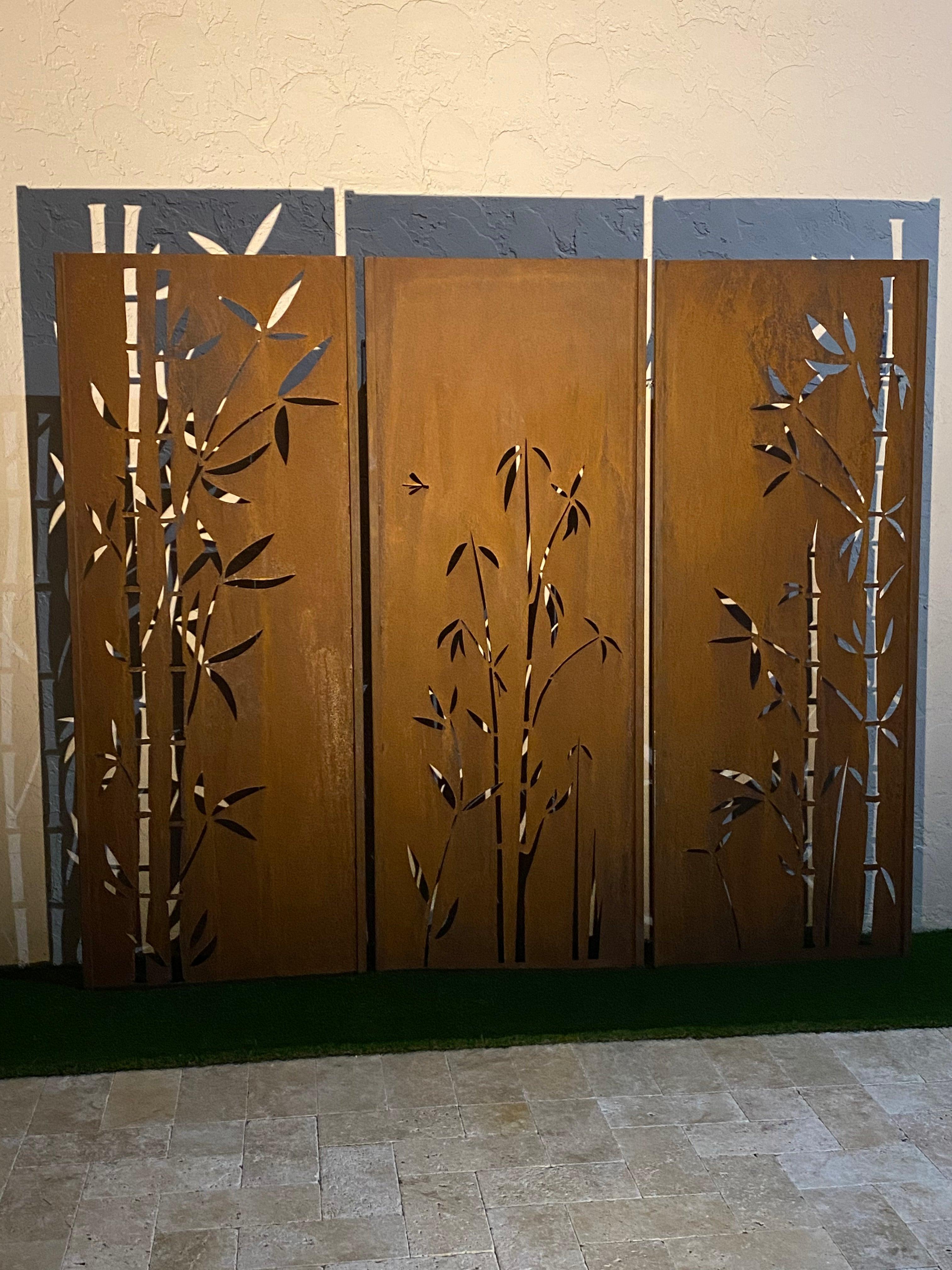 Muro de jardín - Tríptico Bambú - Acero - Ornamento moderno de exterior - 225×195 cm en venta 2