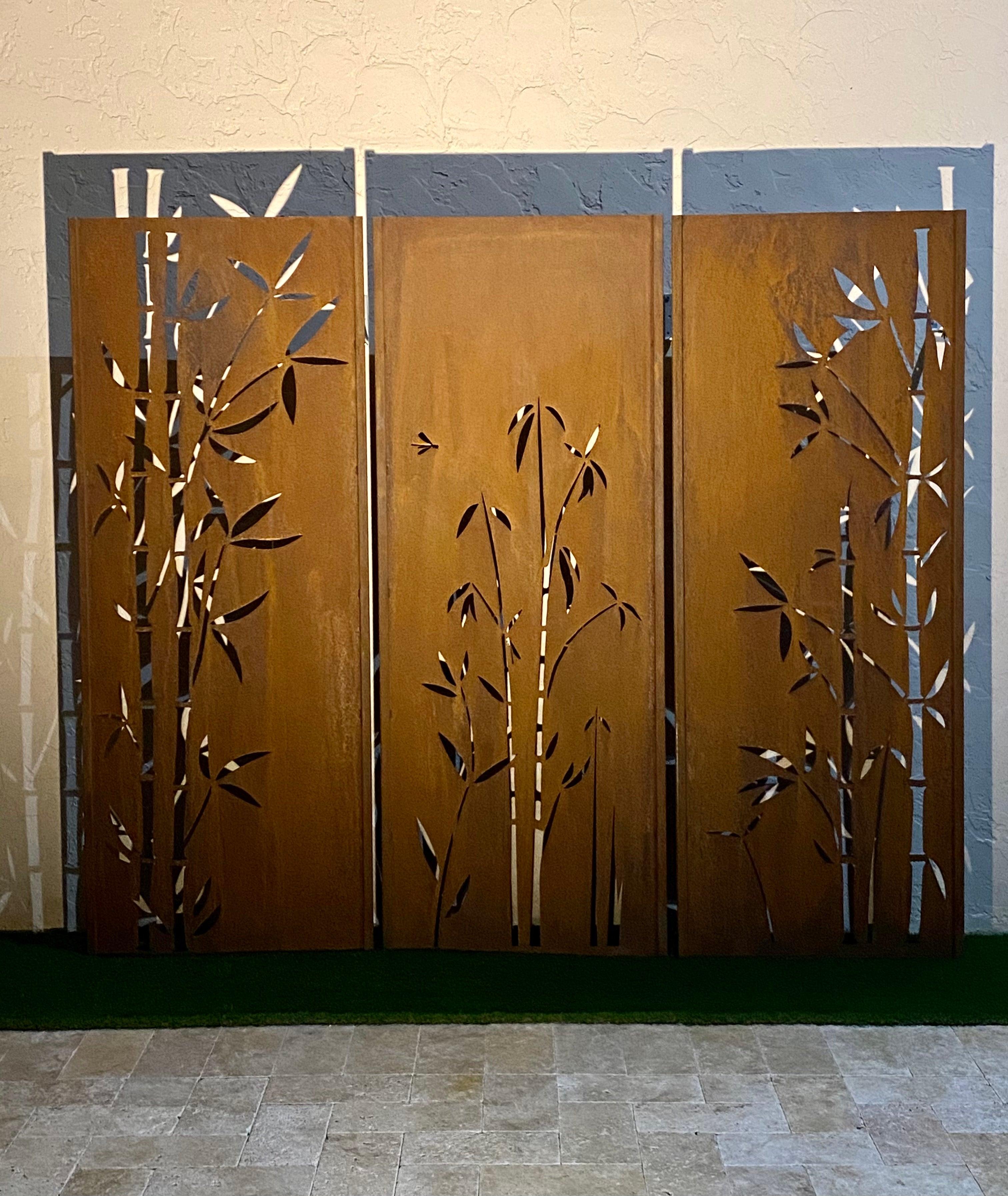 Gartenwand - Triptychon Bambus - Stahl - Modernes Ornament für draußen - 225×195 cm im Angebot 4