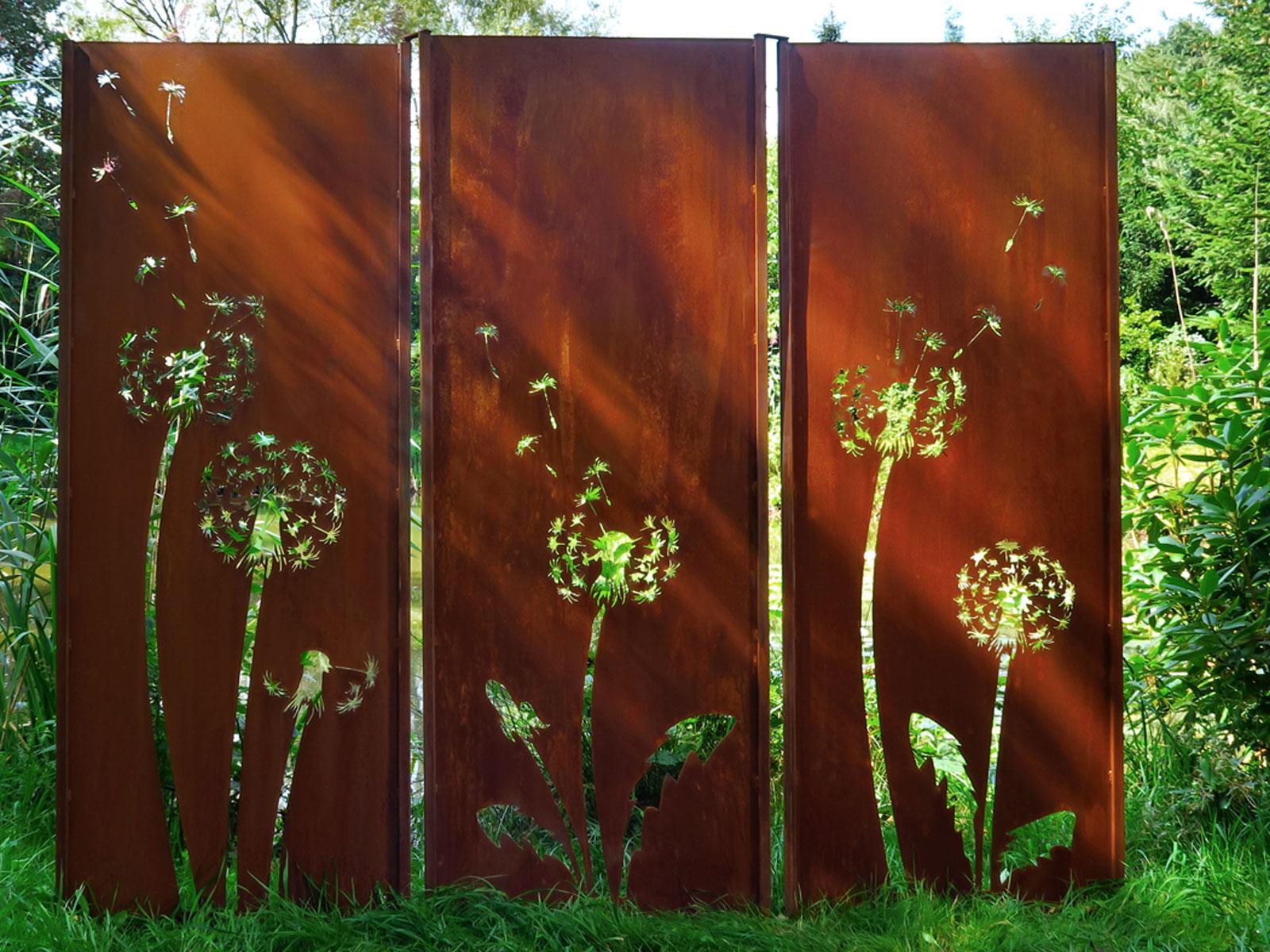 Garden Wall - Triptych Dandelion - Steel -Modern Outdoor Ornament - 225×195 cm