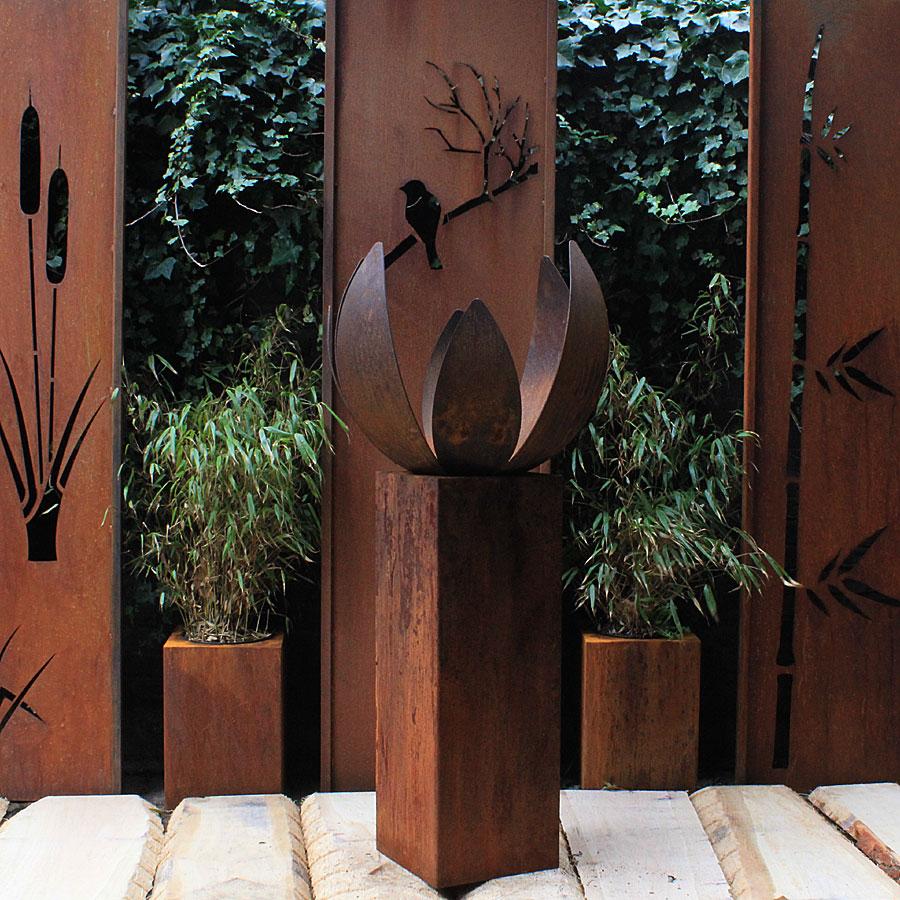 German Steel Fireplace - "Blossom I" - outdoor ornament - tall square base 80 cm - Mixed Media Art by Stefan Traloc