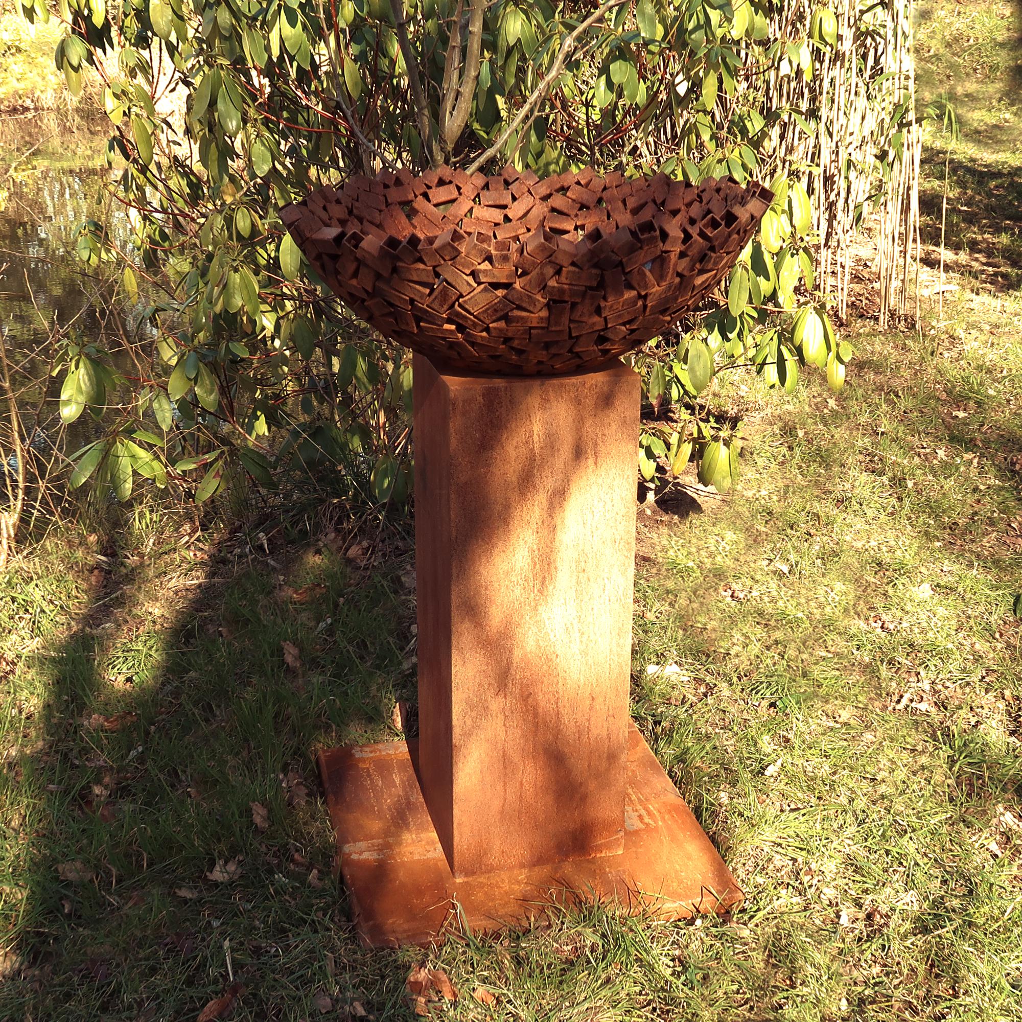 German Steel Fireplace - "Bowl Cube" - outdoor ornament - tall square base - Sculpture by Stefan Traloc