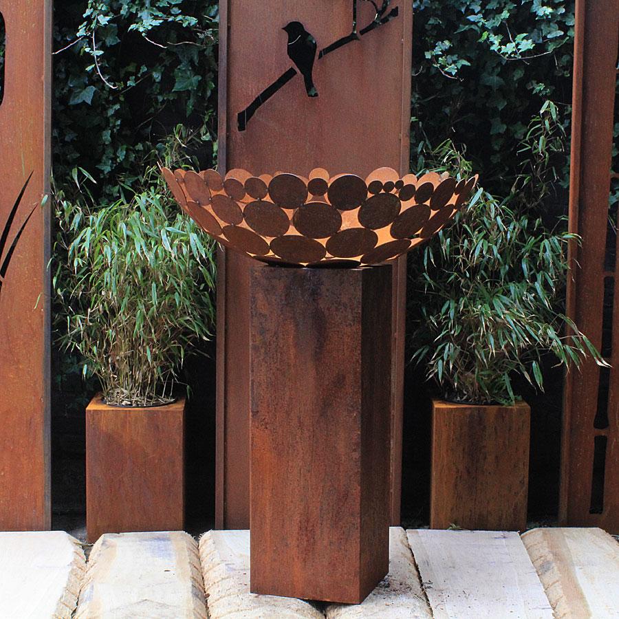 German Steel Fireplace - "Bowl II" - outdoor ornament - tall square base 80 cm - Sculpture by Stefan Traloc