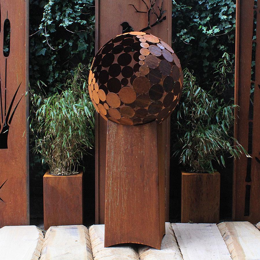 German Steel Fireplace - "Globe" - outdoor ornament - tall base 80 cm - Art by Stefan Traloc