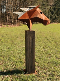 German Steel Polygon Sculpture - "Horse" on an oxidised oak pedestal - handmade