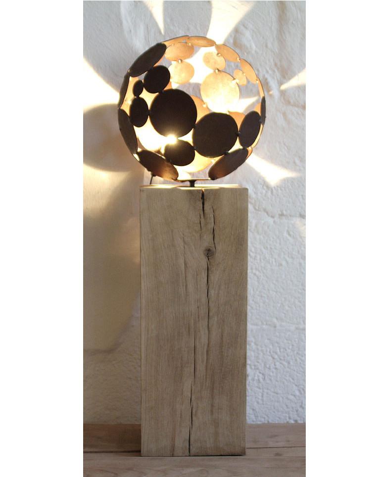 Indoor Lamp - "Ball ", on oak stand - iron oxide - Sculpture by Stefan Traloc