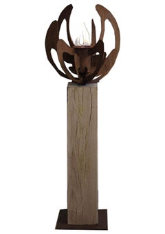 Columna de roble y antorcha de jardín - "Naturaleza" redonda - objeto de arte hecho a mano
