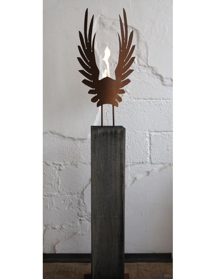 Oak Column and Oxidated Garden Torch - "Wings" - handmade art object - Sculpture by Stefan Traloc