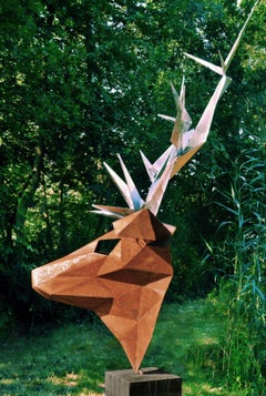 Oudoor Sculpture - "Deer" - on a quadratic oxidised oak pedestal - tall height