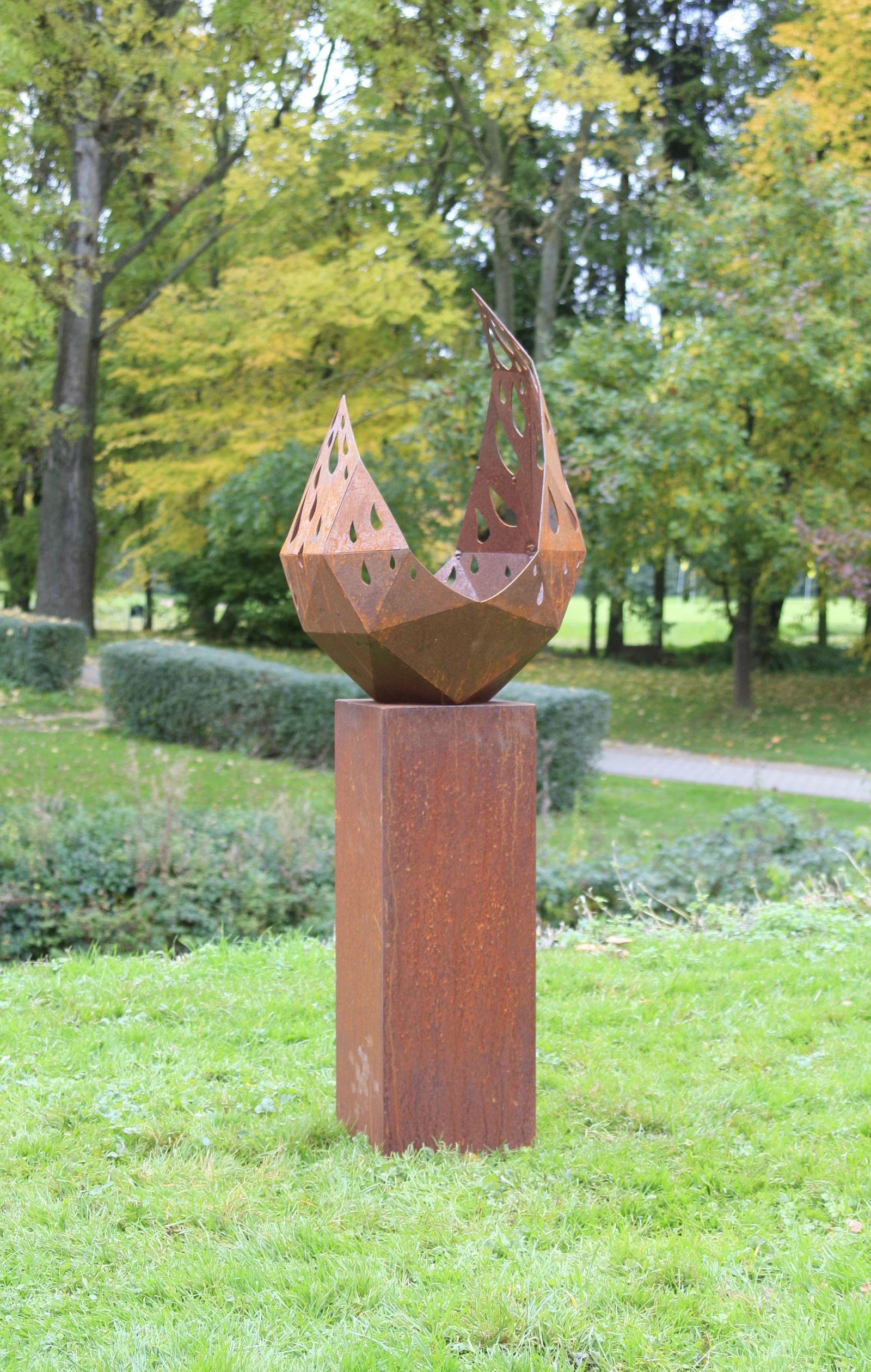 Outdoor Fire Pit - "Drop" with angled pedestal - tall height - Sculpture by Stefan Traloc