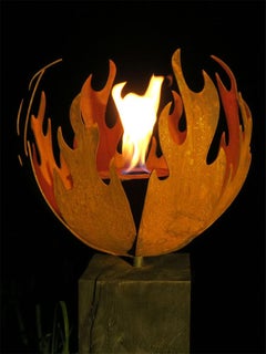 Outdoor Fire Pit - "Flame" - on oxidised oak pedestal - medium height